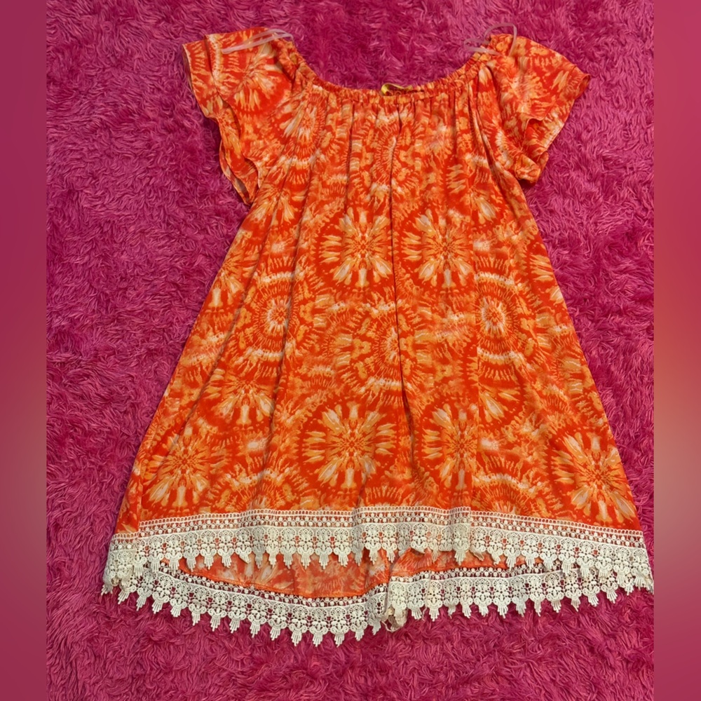Orange Tie-Dye Dress with Lace Hem B007